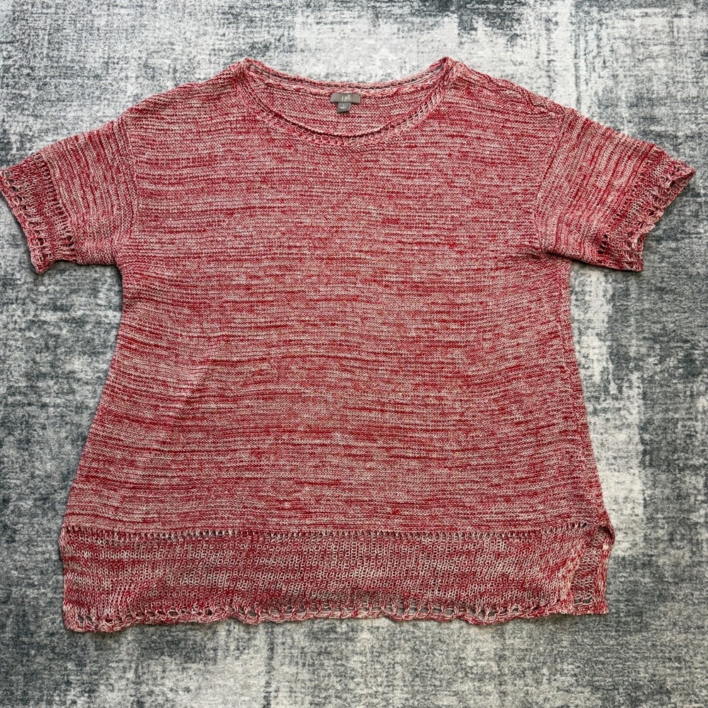 J Jill Linen Sweater Top Womens Large Red Open Knit Crewneck Coastal Americana